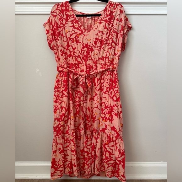GAP Tiered V-Neck Floral Belted Dress Prairie Cottage Summer Orange Poppy Red M - Picture 2 of 11
